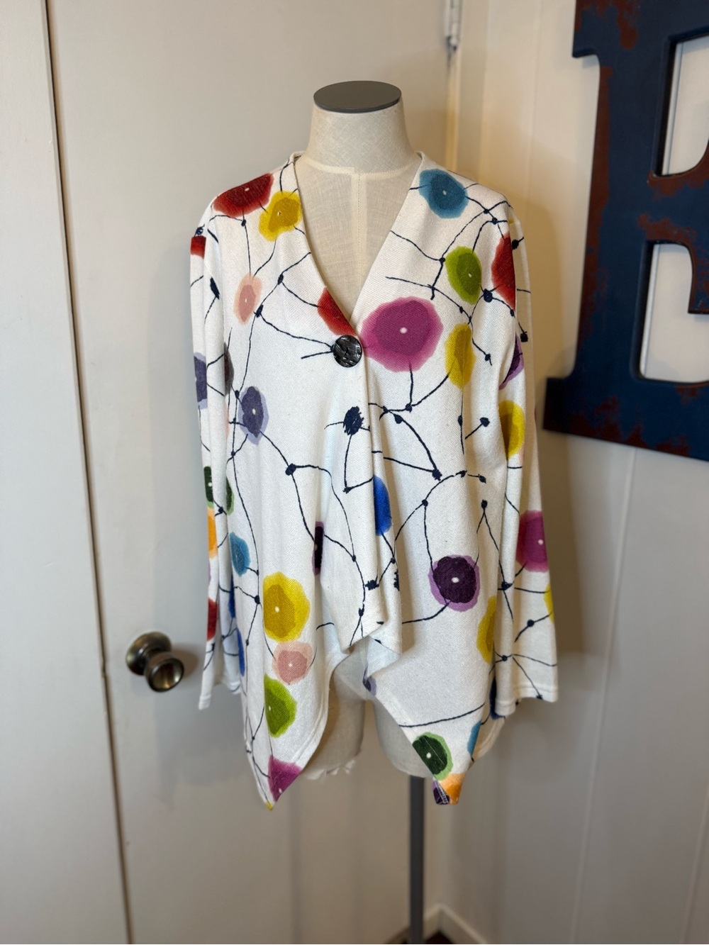 Trisha Tyler abstract White Multicolor Floral Dot Button-Front Cardigan Sz L